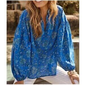 J. Jill NEW Floral Cotton Top Womens XL Blue Teal Oversized Casual Boho Blouse